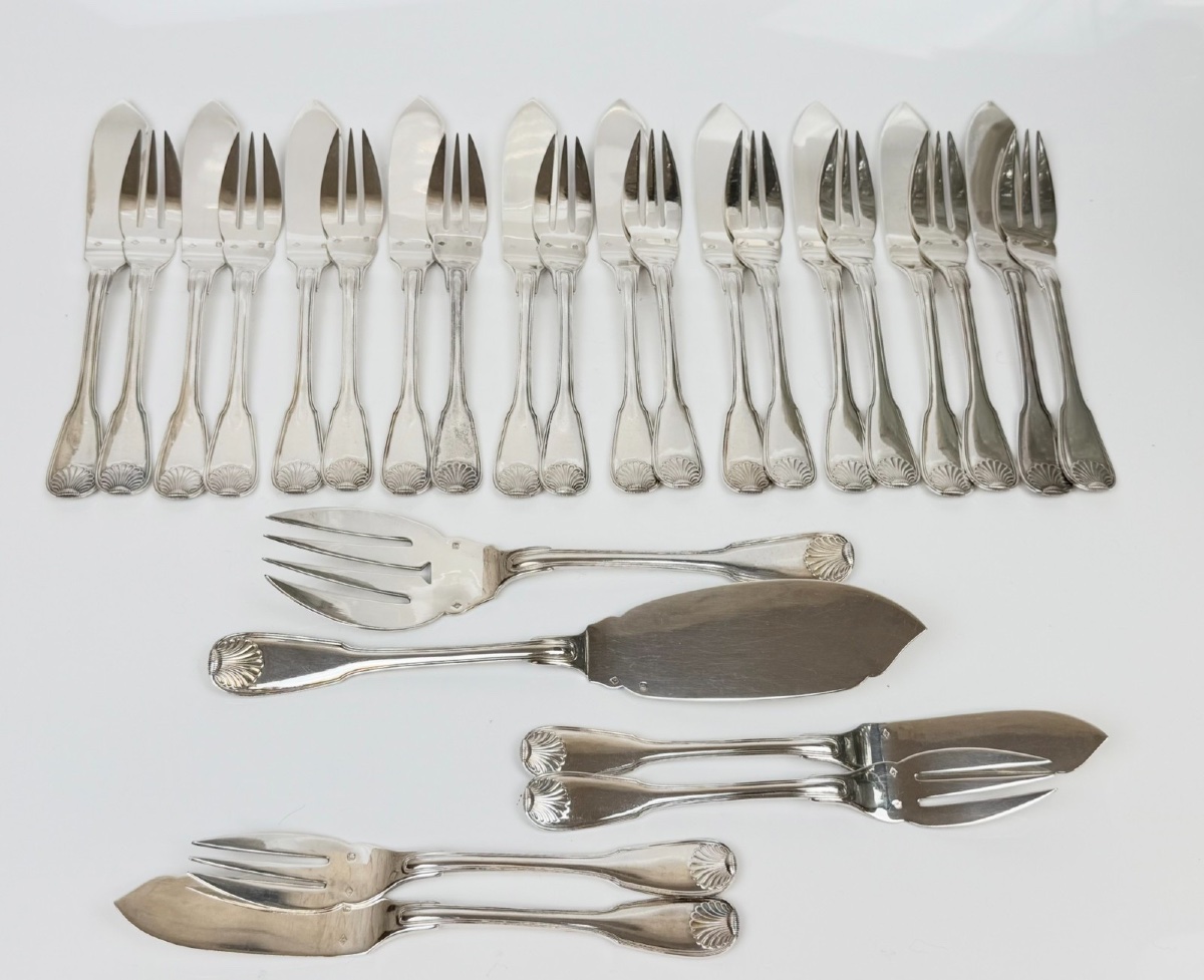 26-piece Solid Silver Fish Serving Set, Coat Of Arms, Seashell