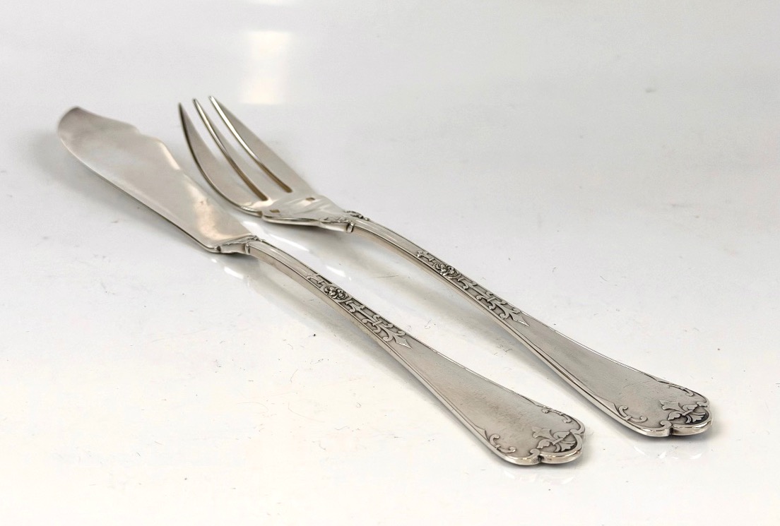Set Of 6 Solid Silver Fish Cutlery Pieces, "fer De Lance" Design, By Christofle-photo-2
