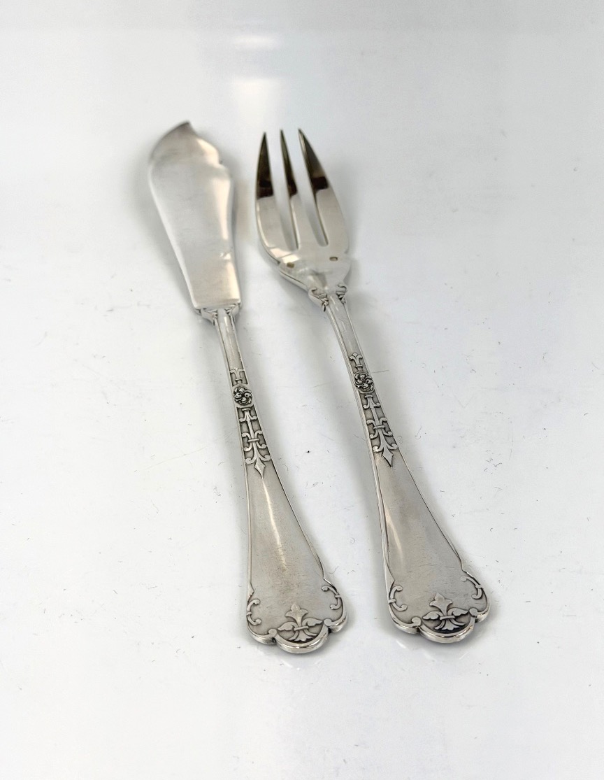 Set Of 6 Solid Silver Fish Cutlery Pieces, "fer De Lance" Design, By Christofle-photo-3
