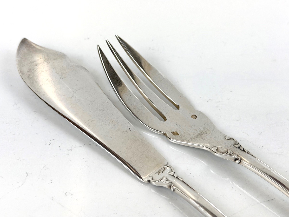 Set Of 6 Solid Silver Fish Cutlery Pieces, "fer De Lance" Design, By Christofle-photo-4