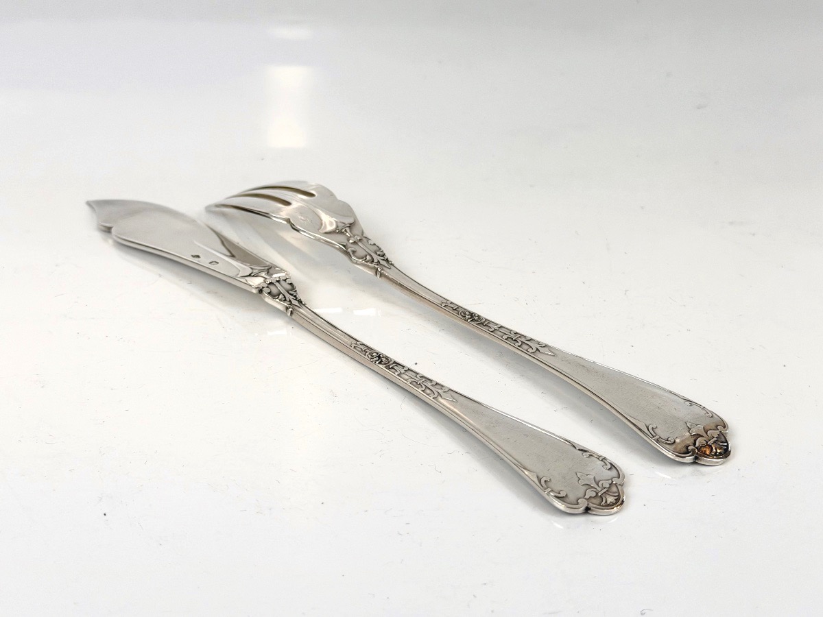 Set Of 6 Solid Silver Fish Cutlery Pieces, "fer De Lance" Design, By Christofle-photo-7