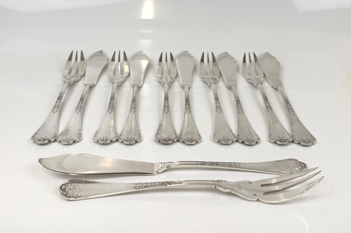 Set Of 6 Solid Silver Fish Cutlery Pieces, "fer De Lance" Design, By Christofle