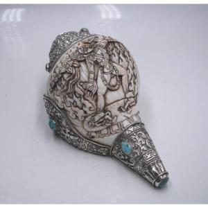 Ceremonial Conch Decorated With Sterling Silver Origin Tibet