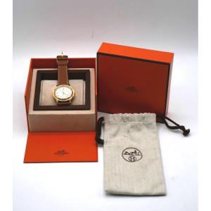 Hermes Clipper Model Watch With Gold Case And Leather Strap