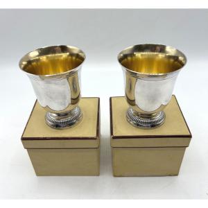 Pair Of Tulip-shaped Goblets In Solid Silver And Vermeil