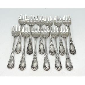 12 Solid Silver Oyster Forks