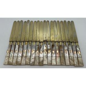 18 couteaux à fruits 19ème en vermeil et nacre, Belgique