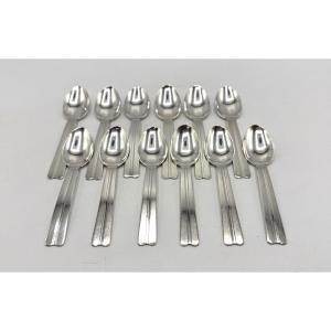 12 Art Deco Silver Moka Spoons By Ravinet d'Enfert