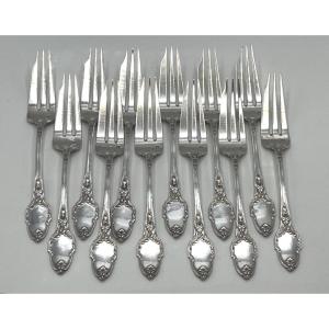 Set Of 12 Solid Silver Cake Forks By Ernest Combeau