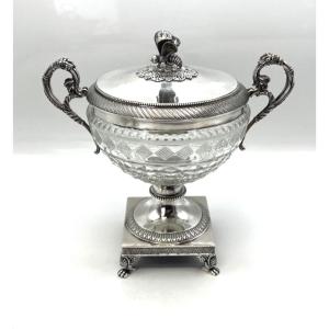 Four-legged Candy Dish Made Of Solid Silver And Cut Crystal, 19th Century