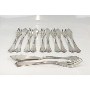 Set Of 6 Solid Silver Fish Cutlery Pieces, "fer De Lance" Design, By Christofle
