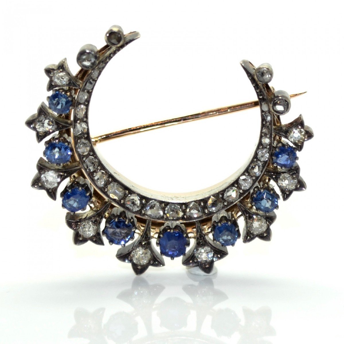 Diamond And Sapphire Crescent Moon Brooch-photo-2