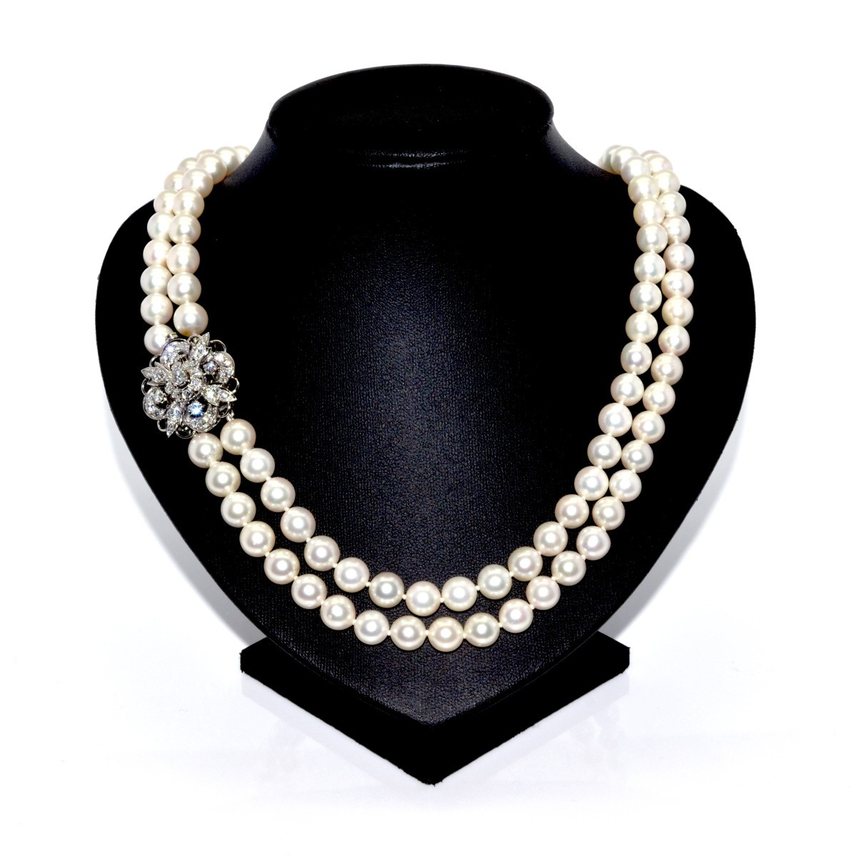Double Strand Pearl And Diamond Necklace