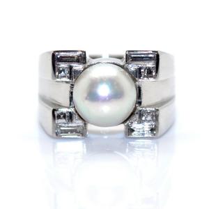 Pearl And Diamond Art-deco Ring