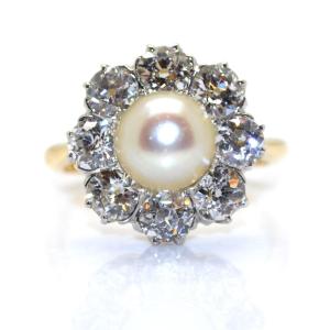 Bague pompadour perle fine et diamants