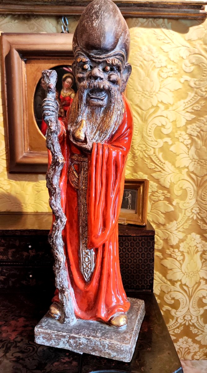 Pair Of Chinese Figurines—a Pair Of Chinese Sages—glazed Majolica Decorative Objects Imitating-photo-2