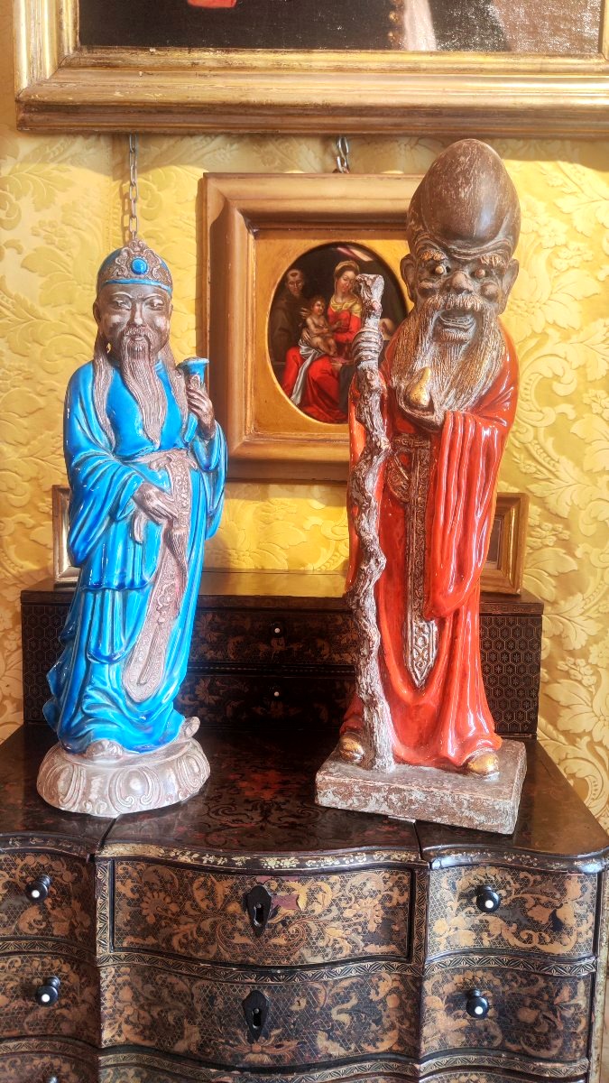 Pair Of Chinese Figurines—a Pair Of Chinese Sages—glazed Majolica Decorative Objects Imitating