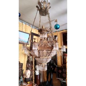 Lustre porte-bougies en bronze et cristal