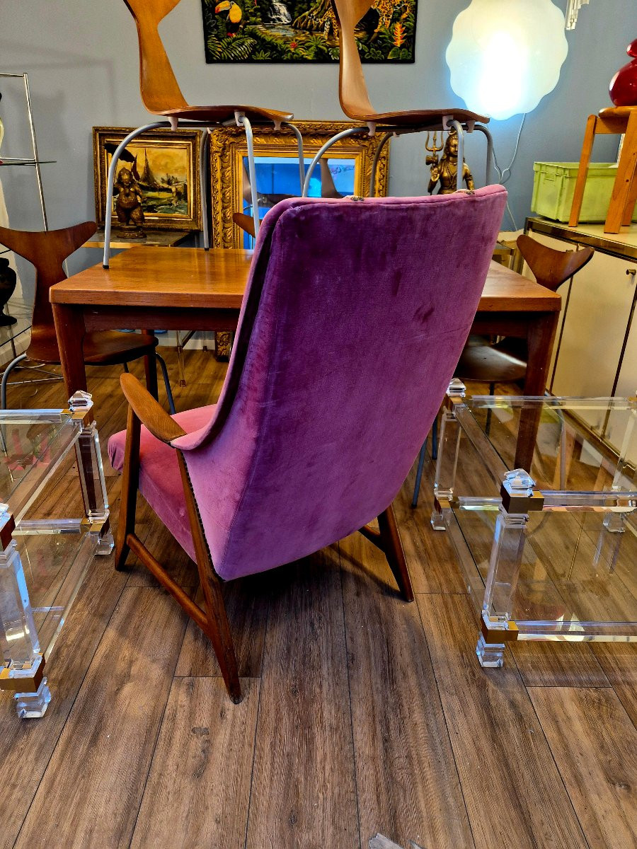 1950s Scandinavian Armchair In Wood And Velvet – Seat Needs Restoration-photo-2