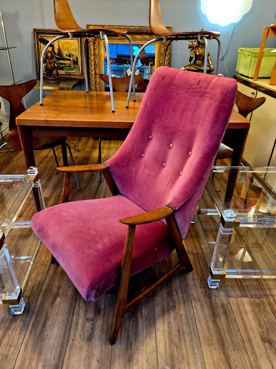 1950s Scandinavian Armchair In Wood And Velvet – Seat Needs Restoration-photo-4