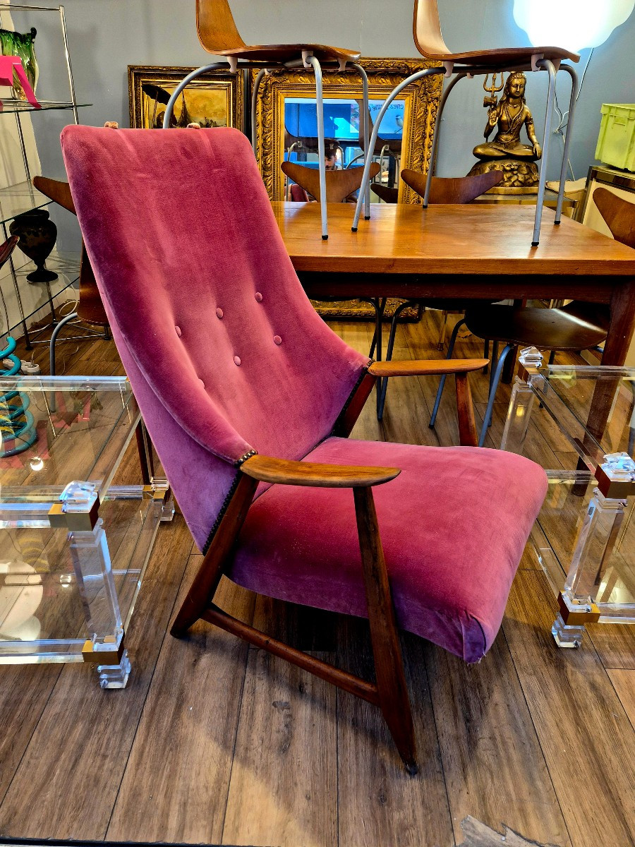 1950s Scandinavian Armchair In Wood And Velvet – Seat Needs Restoration