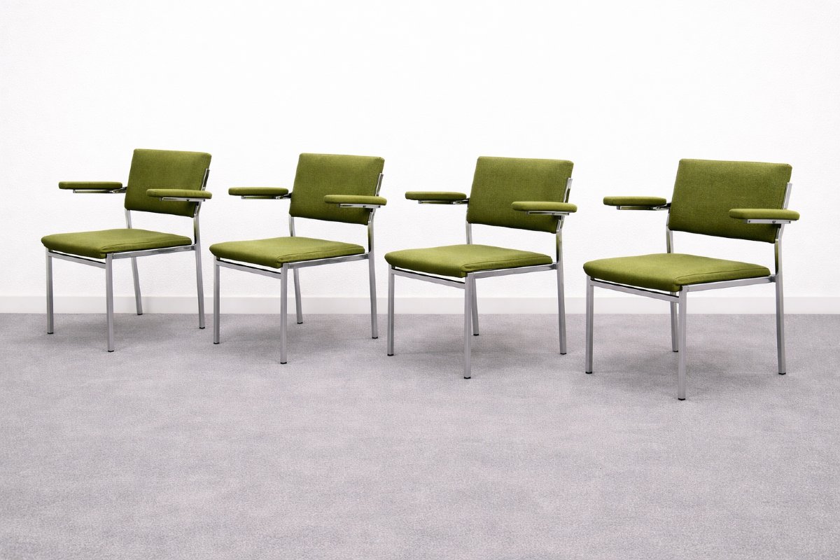 Lot de 4 Fauteuils Modernistes – Années 1970 – Structure Chromée & Tissu Vert Olive-photo-3