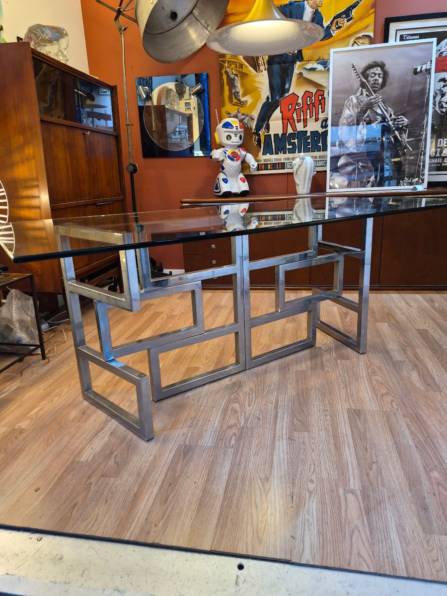 Table  / console modulable Milo Baughman chrome & verre design 1970
