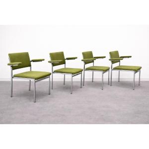 Lot de 4 Fauteuils Modernistes – Années 1970 – Structure Chromée & Tissu Vert Olive