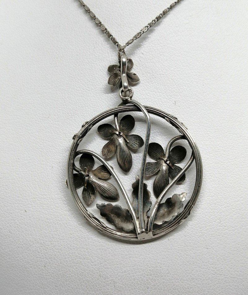 Silver Pendant, Round, Openwork, Pattern Of Violets And Foliage, 1900, Art Nouveau.-photo-3