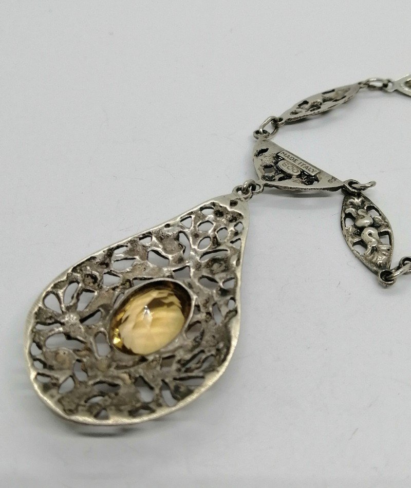Silver Necklace, Floral Patterns, Faceted Citrine, Italian Work Circa 1900-20.-photo-4