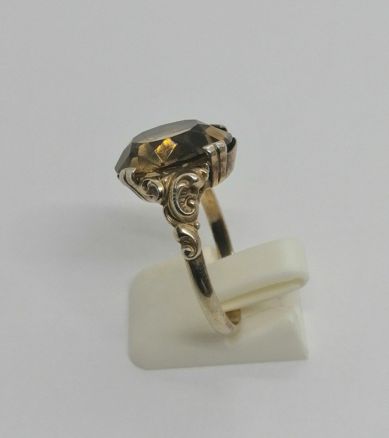 Silver/vermeil Ring, Superb Amber Citrine, Faceted, Rocaille Decor, 1920.-photo-2