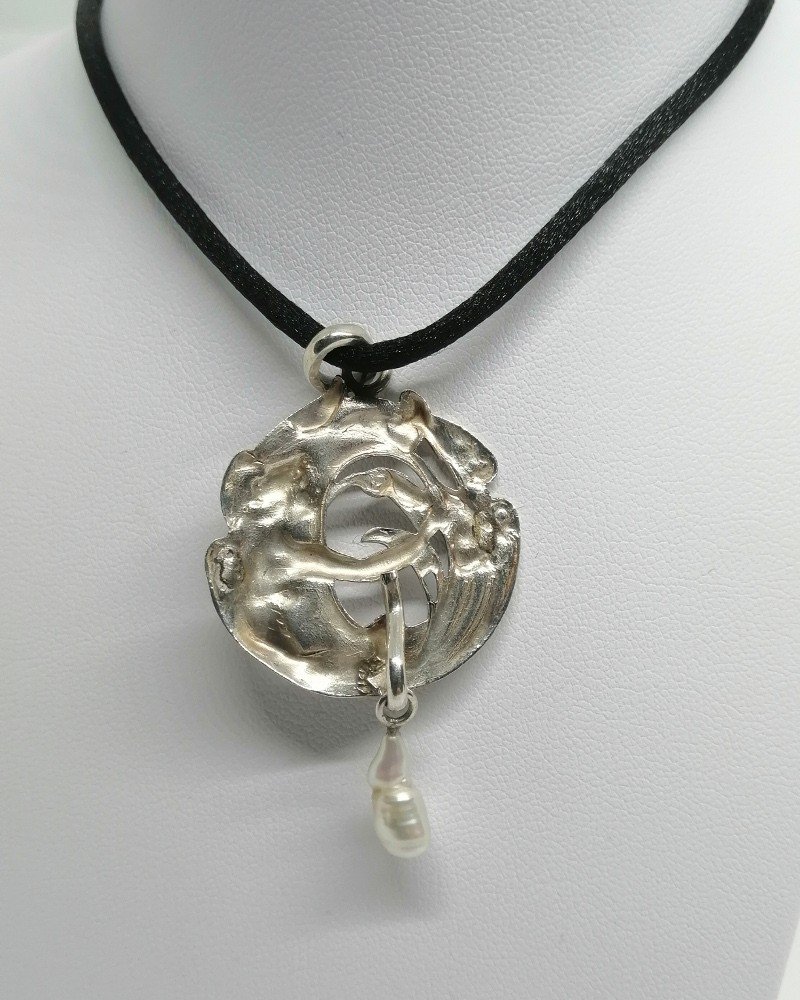 Pendentif Argent, Ajouré, Décor De Femme Aux Joncs, Art Nouveau, 1900.-photo-4