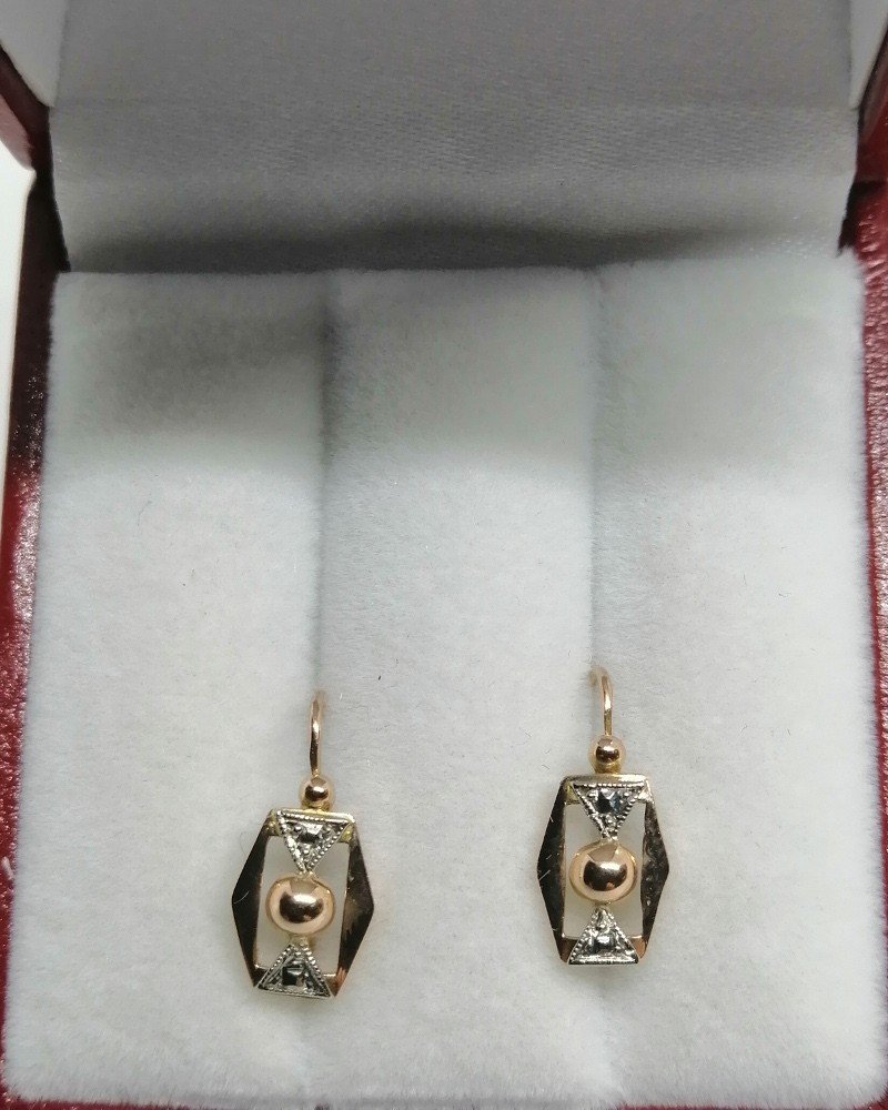 Pair Of Earrings In Rose And Gray Gold, Sober Shape, Early 1925, Art Deco.