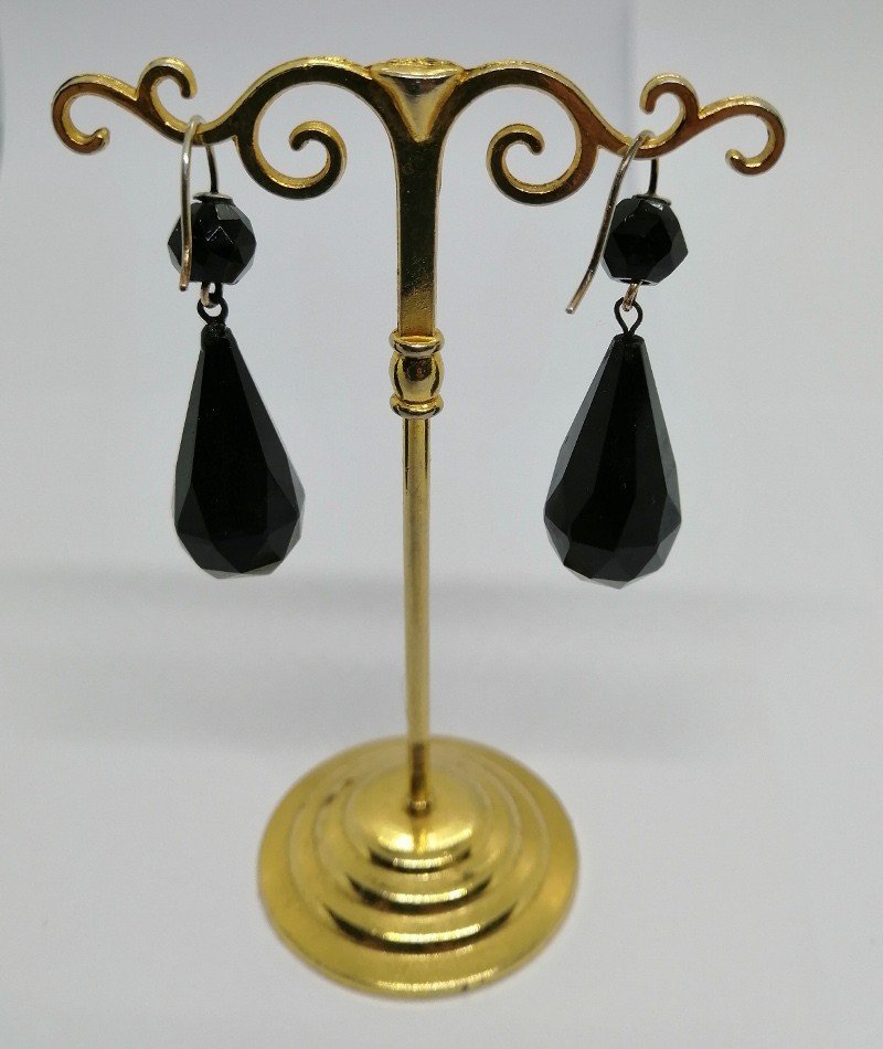 Silver Earrings, Faceted Jet Tassels, Drop-shaped, Late 19th Century.-photo-4