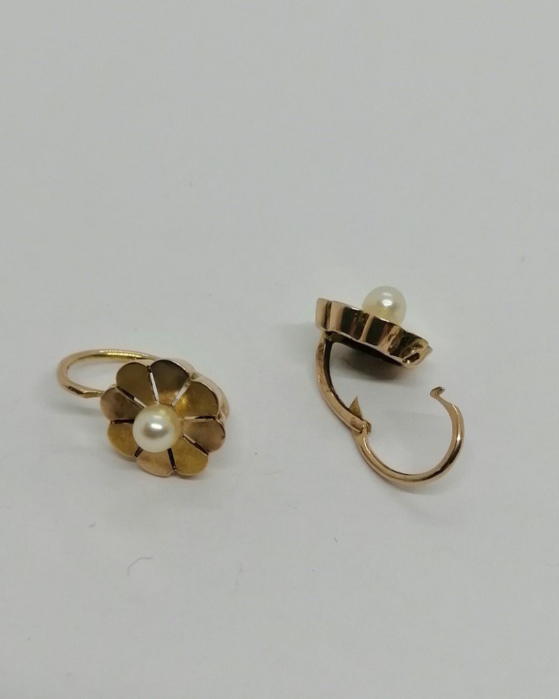 Boucles d'Oreilles En Or Bicolore, Fleurette Et Perle Fine, Vers 1900, Art Nouveau.-photo-4