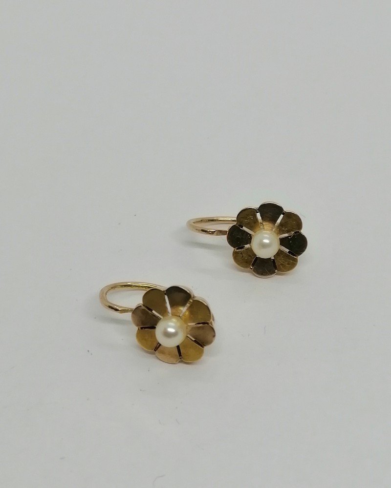 Boucles d'Oreilles En Or Bicolore, Fleurette Et Perle Fine, Vers 1900, Art Nouveau.