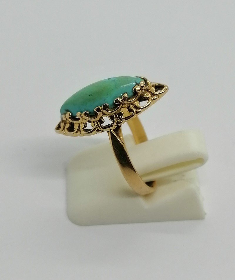 Gold Ring, Small Navette, Turquoise Cabochon, 1920.-photo-2