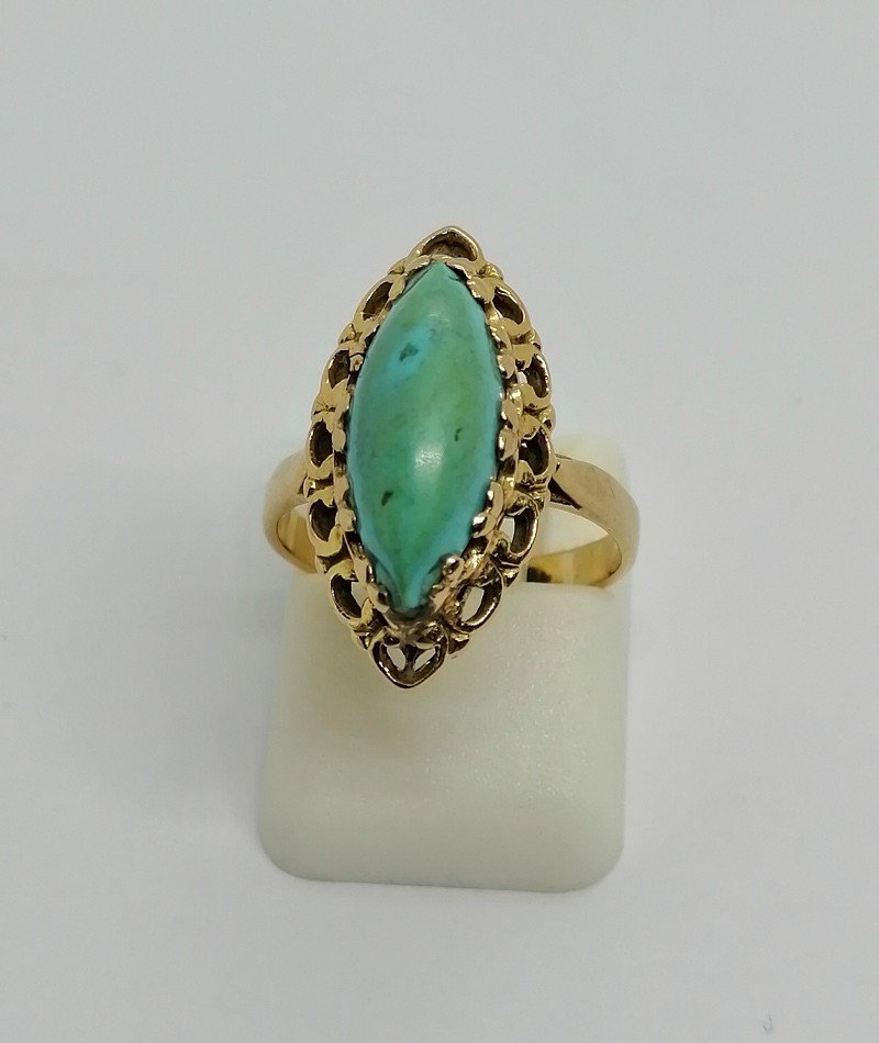 Gold Ring, Small Navette, Turquoise Cabochon, 1920.