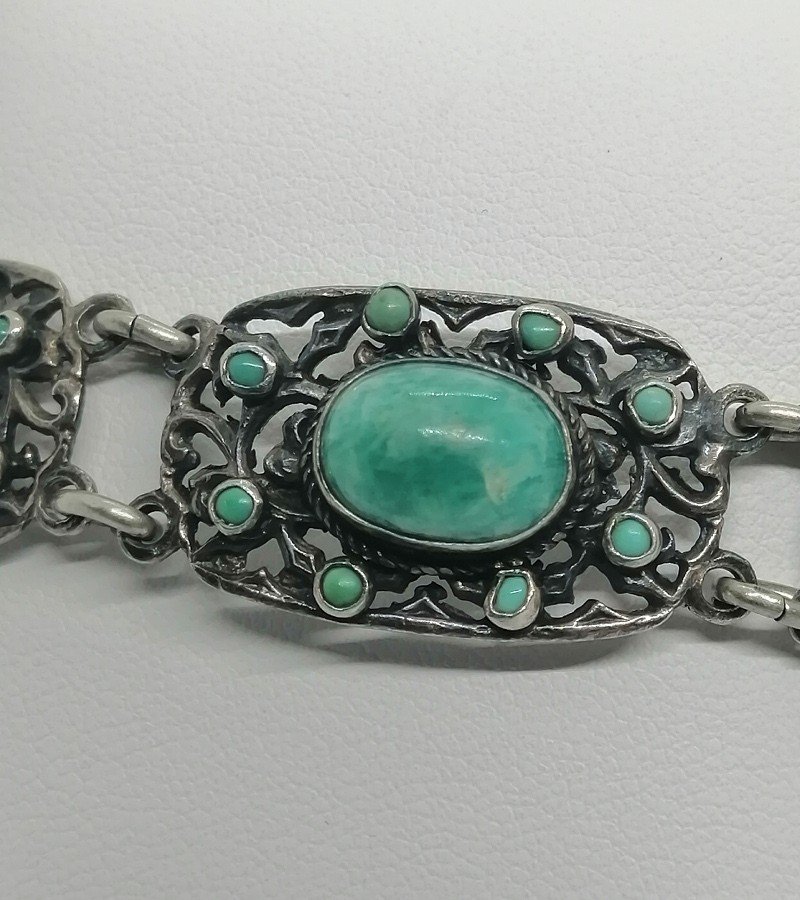Silver Bracelet, Openwork Links With Aventurine And Turquoise Cabochons, 1920.-photo-3