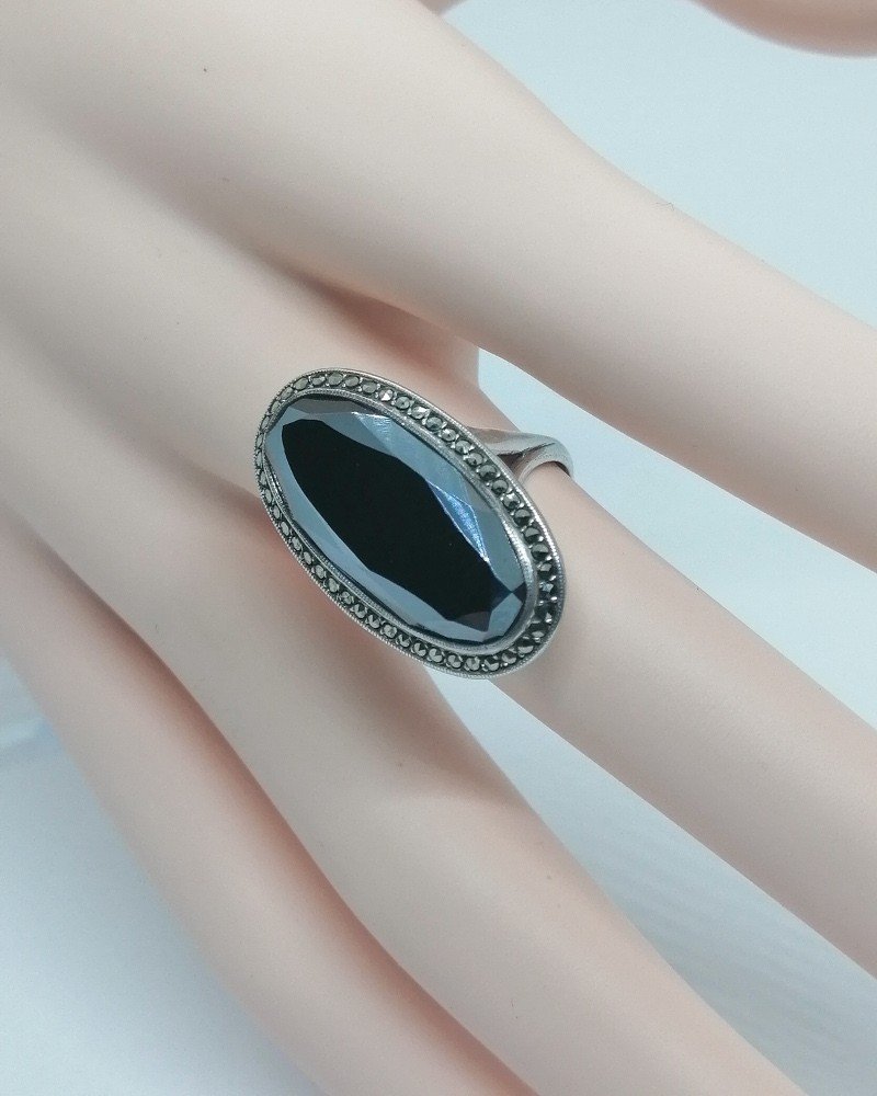 Silver Ring, Large Faceted Hematite And Marcasite Paving, Art Deco.-photo-4