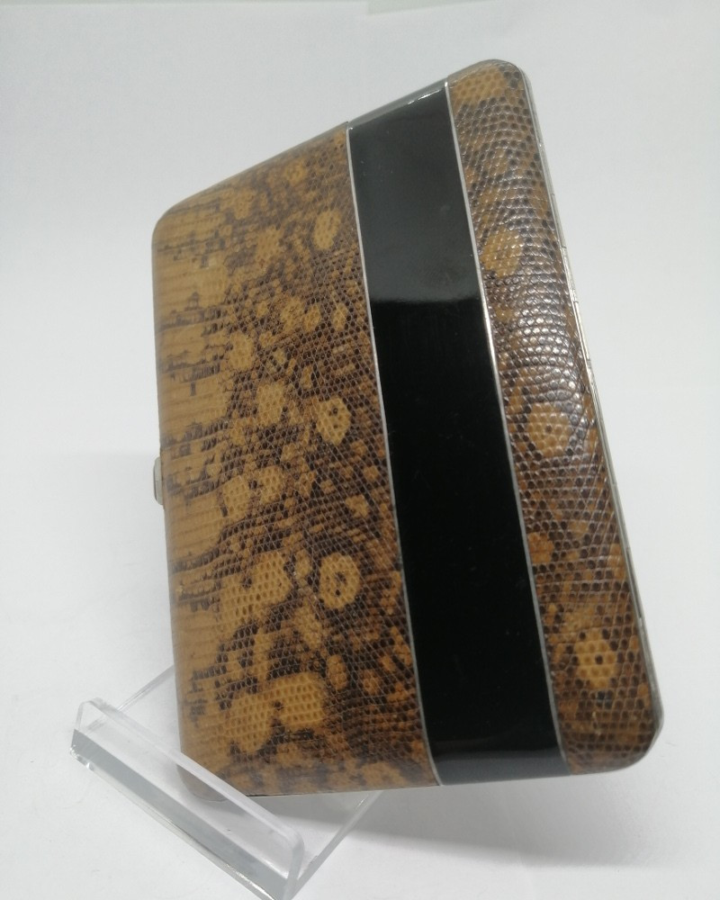 Silver/gilt Cigarette Box, Black Enamel And Snakeskin, Circa 1925-30, Art Deco.-photo-2