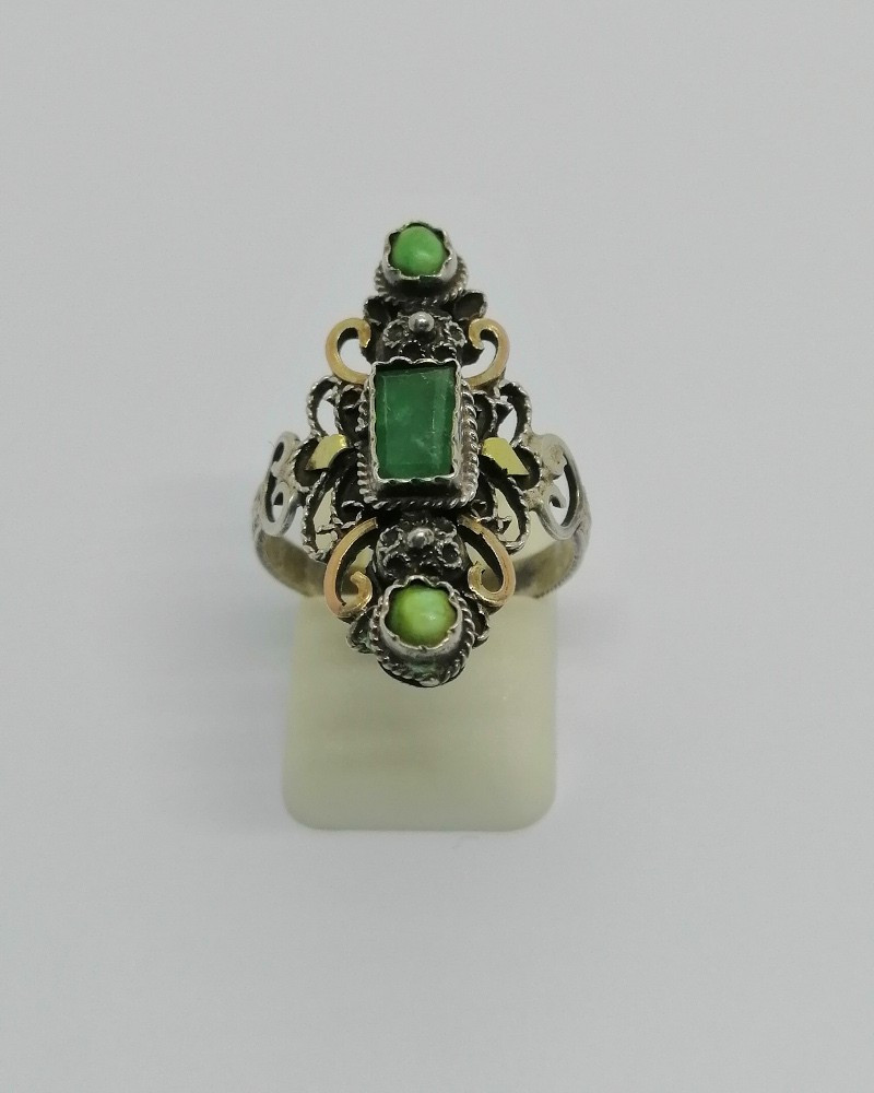 Silver Ring, Two-tone With Emerald And Turquoise, Circa 1860-1880.