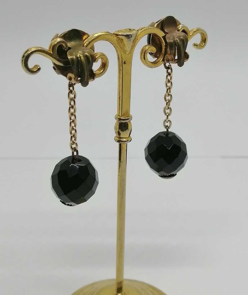 Dangling Earrings, Brass Clip With Cabochon And Faceted Black Glass Bead.-photo-2