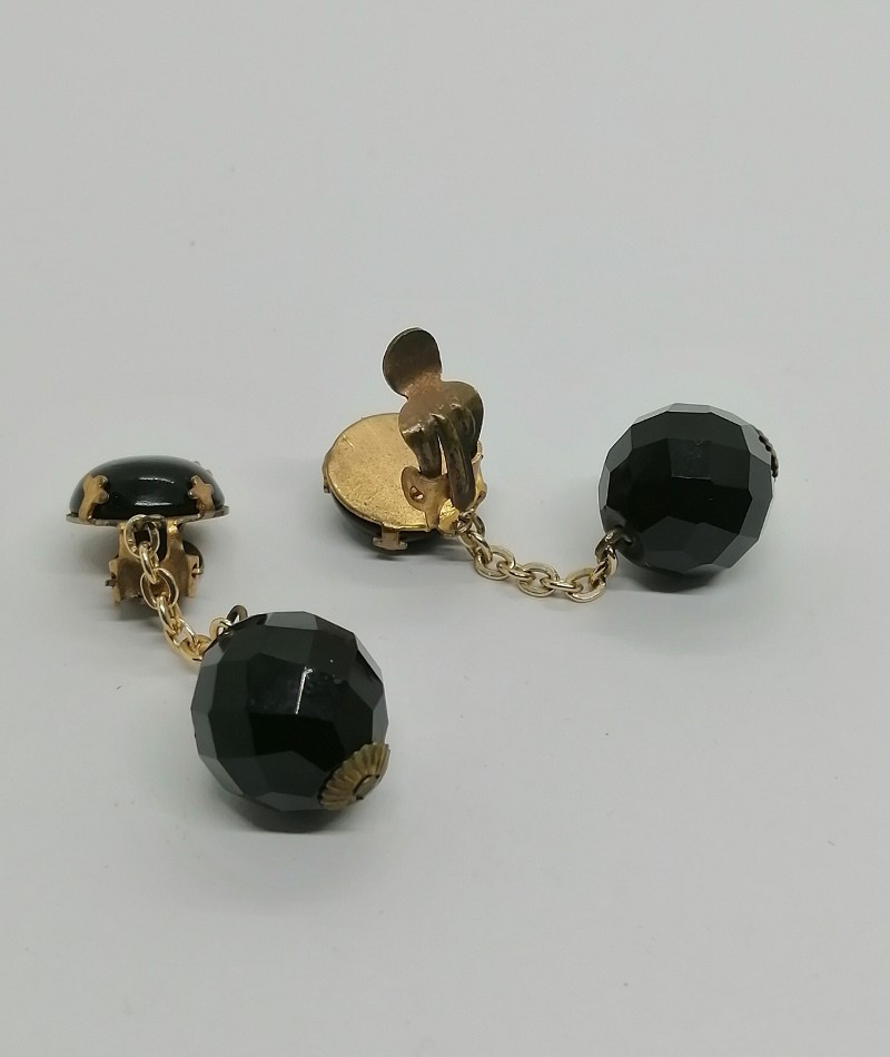 Dangling Earrings, Brass Clip With Cabochon And Faceted Black Glass Bead.-photo-3