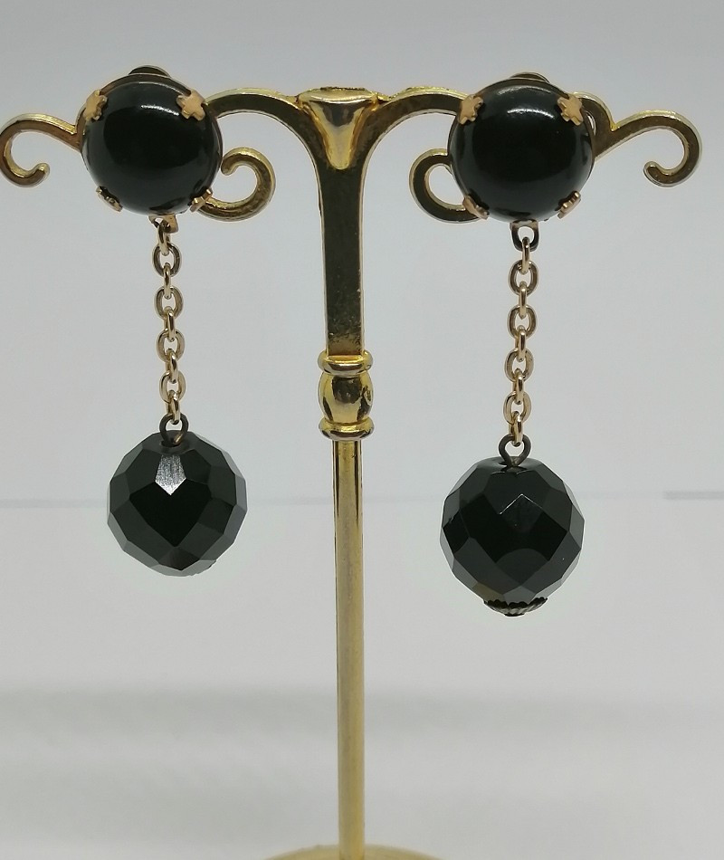 Dangling Earrings, Brass Clip With Cabochon And Faceted Black Glass Bead.