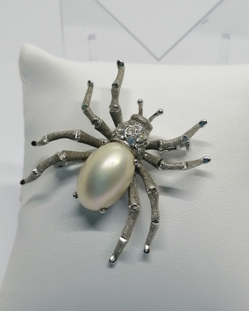 Spider Brooch, With Brushed Work, And Imitation Pearl, And White Rhinestone, Circa 1940-50.-photo-2