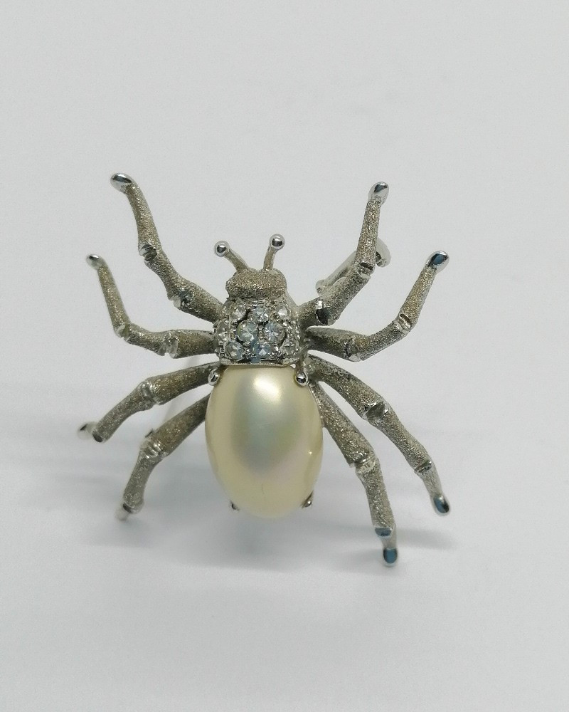 Spider Brooch, With Brushed Work, And Imitation Pearl, And White Rhinestone, Circa 1940-50.