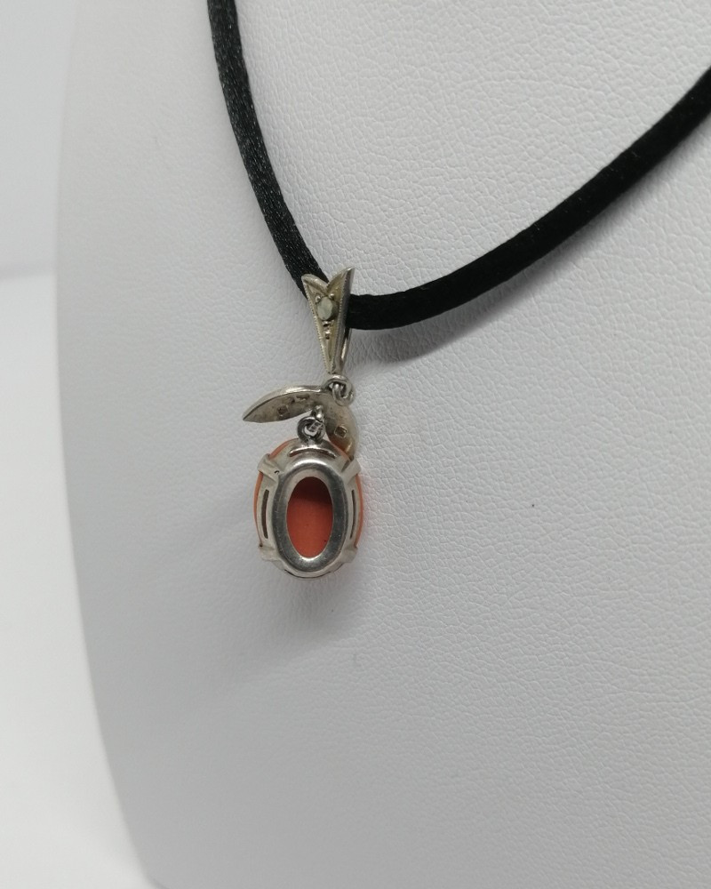Pendentif argent massif, marcasites et cabochon de corail, vers 1920.-photo-4