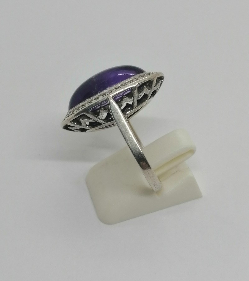 Silver Ring, Large Natural Amethyst Cabochon And Marcasite Surround, 1925, Art Deco.-photo-2