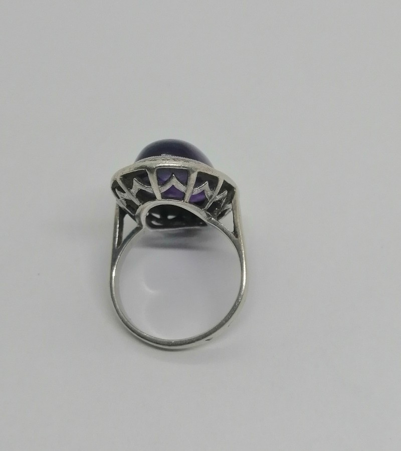Silver Ring, Large Natural Amethyst Cabochon And Marcasite Surround, 1925, Art Deco.-photo-3